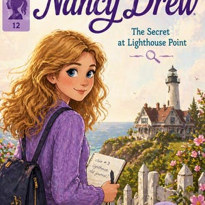 May include: Book cover for "Nancy Drew: The Secret at Lighthouse Point." The illustration features a young woman with blonde hair, a purple sweater, and a backpack, holding a notepad. A lighthouse and ocean are in the background. Text includes "Nancy Drew" and "The Secret at Lighthouse Point."