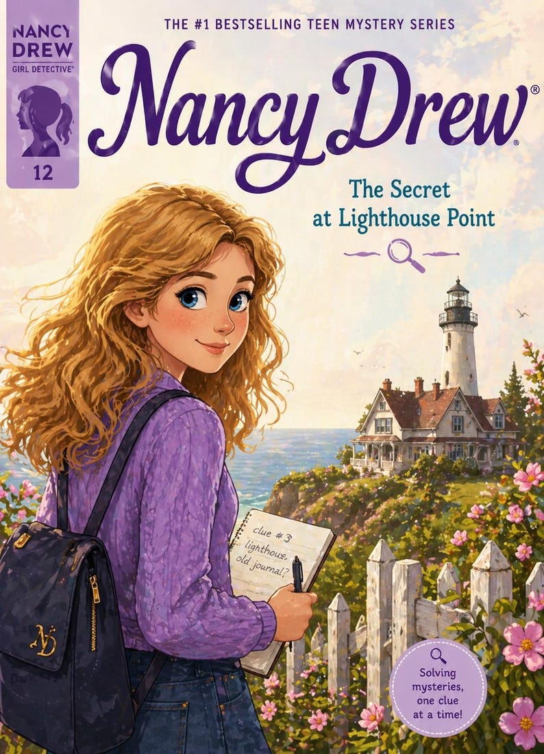 May include: Book cover for "Nancy Drew: The Secret at Lighthouse Point." The illustration features a young woman with blonde hair, a purple sweater, and a backpack, holding a notepad. A lighthouse and ocean are in the background. Text includes "Nancy Drew" and "The Secret at Lighthouse Point."