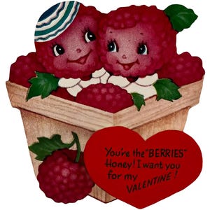 May include: A vintage Valentine's Day card showing two raspberry characters in a wooden basket. One raspberry wears a striped hat. A red heart with the text "You're the BERRIES Honey! I want you for my VALENTINE!" is attached.