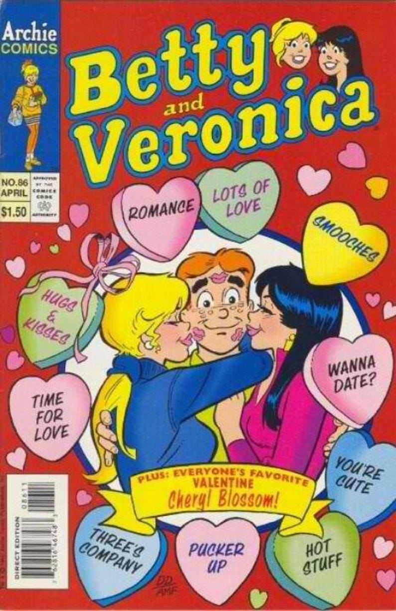 Pu&ograve; includere: Copertina del fumetto "Betty e Veronica" con il titolo in giallo e blu. L'immagine mostra Betty e Veronica che baciano Archie, circondate da caramelle a forma di cuore con frasi come "Romance" e "Wanna Date?"