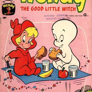 May include: A vintage comic book cover featuring Wendy the Good Little Witch and Casper the Friendly Ghost. Wendy, in a red outfit, and Casper are enjoying a snack. The cover has the text "Wendy" and "The Good Little Witch".