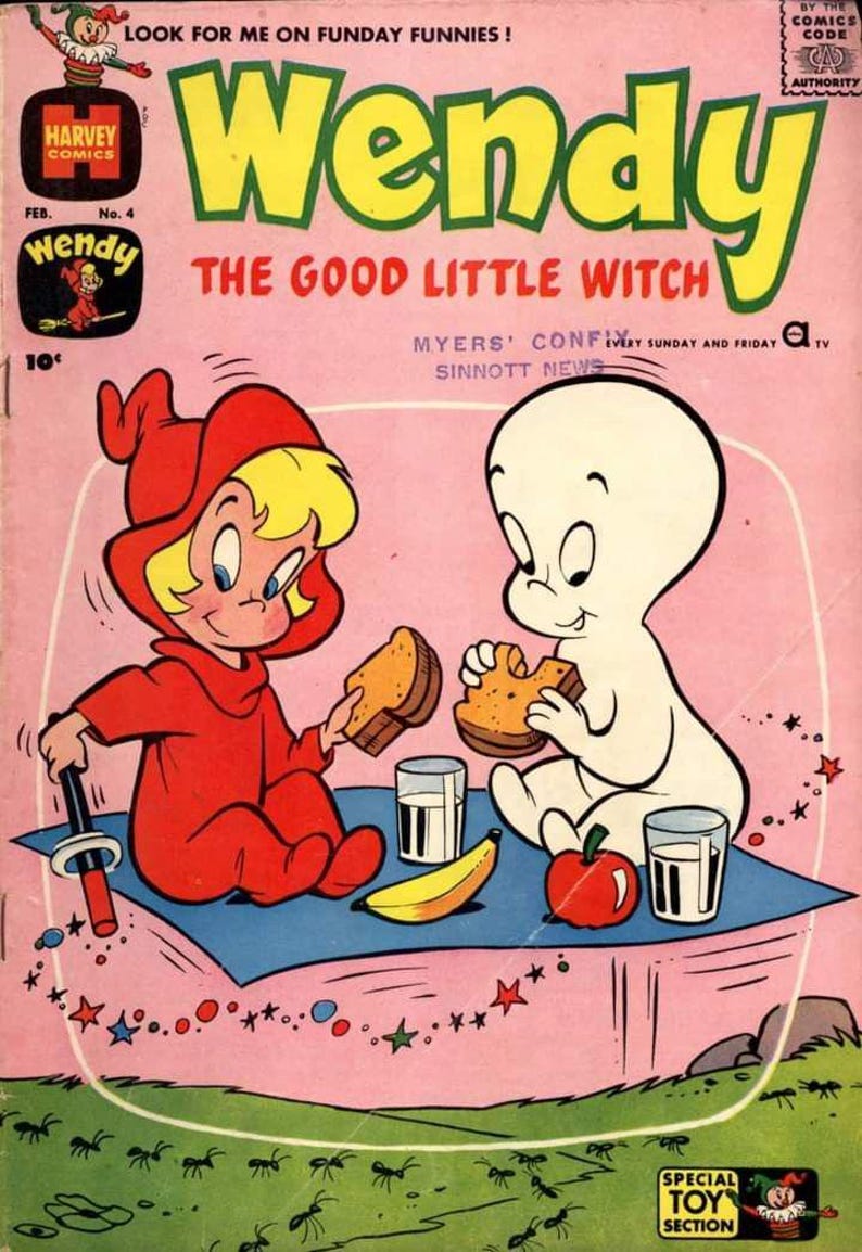 May include: A vintage comic book cover featuring Wendy the Good Little Witch and Casper the Friendly Ghost. Wendy, in a red outfit, and Casper are enjoying a snack. The cover has the text "Wendy" and "The Good Little Witch".