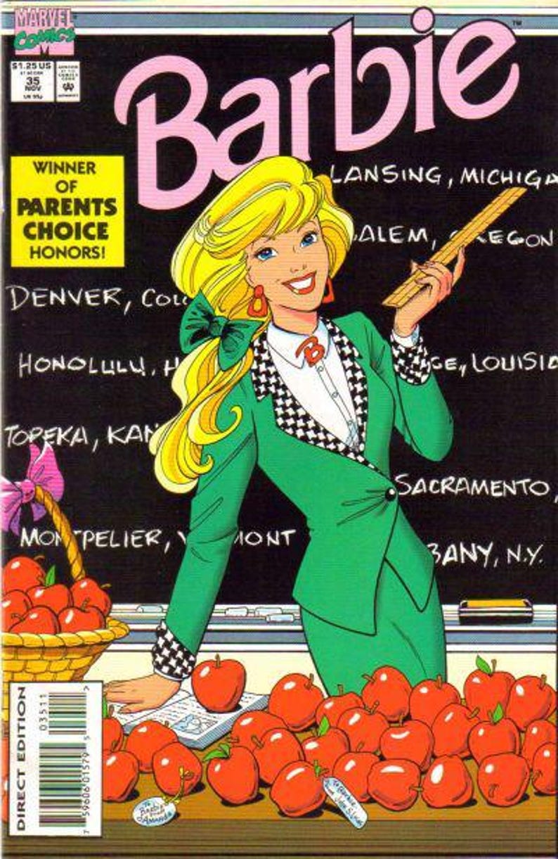 May include: Comic book cover featuring Barbie as a teacher. She wears a green blazer with a black and white checkered pattern, holding a ruler. A basket of apples and a pile of apples are in the foreground. The title "Barbie" is in pink.