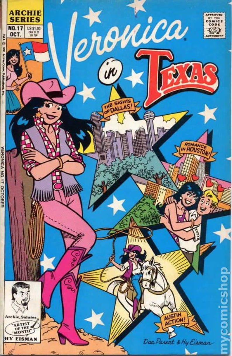 Puede incluir: Portada de c&oacute;mic con Ver&oacute;nica en Texas. Ver&oacute;nica, con atuendo de vaquera rosa, se encuentra frente a un fondo azul con estrellas y monumentos de Texas. La portada incluye texto como "Veronica in Texas" y "The Sights of Dallas!"