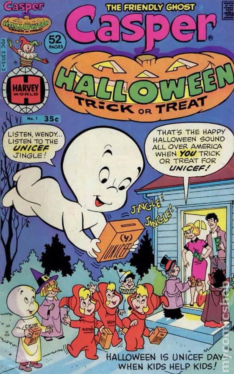 May include: A vintage Casper the Friendly Ghost comic book cover. The cover features Casper holding a UNICEF donation box, with the text "Halloween Trick or Treat." Other characters in costumes are also present.