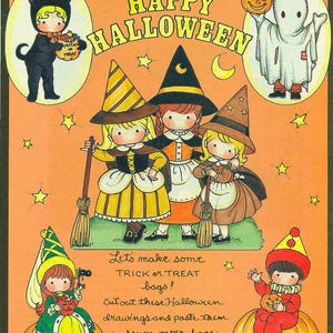 May include: A vintage Halloween-themed illustration by Joan Walsh Anglund. The image features children in costumes, including witches, a cat, and a ghost, with pumpkins and stars on an orange background. Text reads "Happy Halloween" and instructions for making trick-or-treat bags.