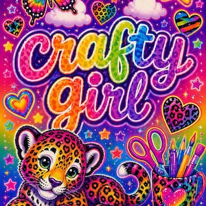 May include: A vibrant illustration featuring a rainbow, stars, and a smiling star. The text "Crafty Girl" is displayed in colorful bubble letters. A leopard cub, scissors, and art supplies are also included. The image is signed "Lisa Frank".
