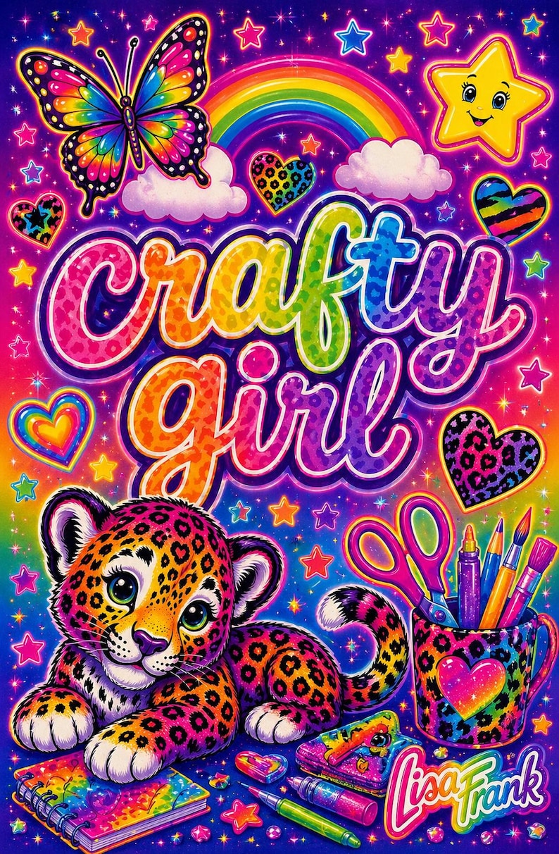 May include: A vibrant illustration featuring a rainbow, stars, and a smiling star. The text "Crafty Girl" is displayed in colorful bubble letters. A leopard cub, scissors, and art supplies are also included. The image is signed "Lisa Frank".