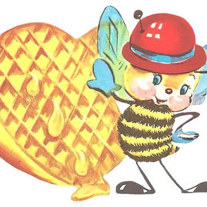May include: A cartoon bee character wearing a red hat and a striped body, standing beside a heart-shaped waffle. The waffle is yellow with a grid pattern and syrup drips.