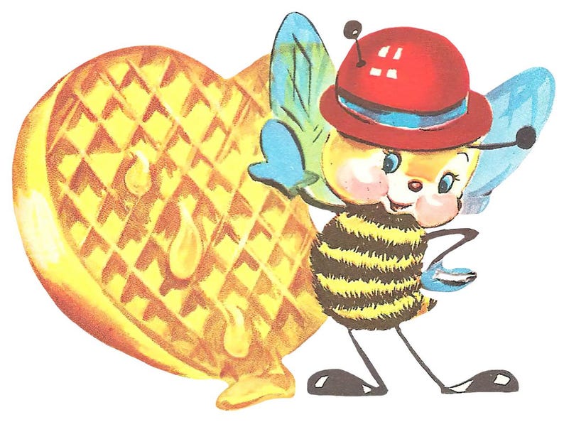 May include: A cartoon bee character wearing a red hat and a striped body, standing beside a heart-shaped waffle. The waffle is yellow with a grid pattern and syrup drips.