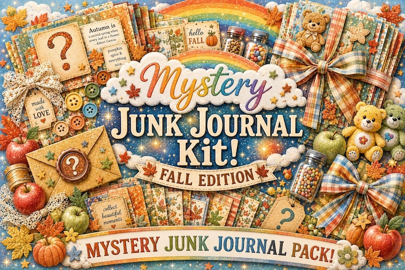 May include: A Mystery Junk Journal Kit Fall Edition featuring stacks of patterned paper, teddy bears, plaid bows, apples, pumpkins, and jars of beads. The text reads Mystery Junk Journal Kit! Fall Edition, Autumn is a second spring, and more.