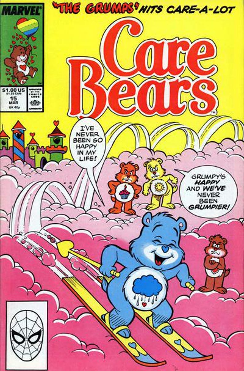 Może przedstawiać: Okładka komiksu Care Bears z niebieskim misiem zjeżdżającym na nartach po r&oacute;żowym stoku. Tytuł "Care Bears" jest dużymi czerwonymi literami. Inne misie są w tle. Logo Marvela znajduje się w lewym g&oacute;rnym rogu.