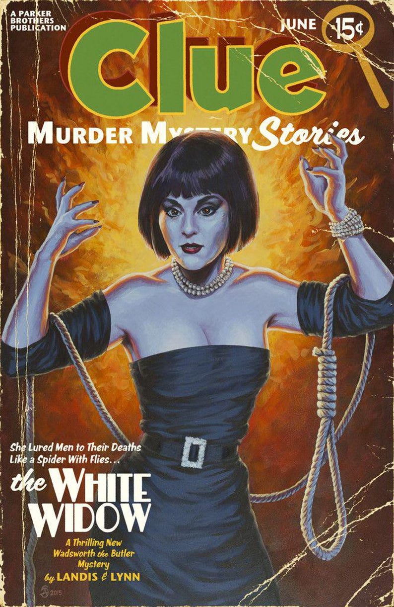 May include: Vintage magazine cover for "Clue: Murder Mystery Stories" featuring a woman in a black dress with a noose. The cover art has a retro style with the title "the White Widow" and the text "A Thrilling New Wadsworth the Butler Mystery".