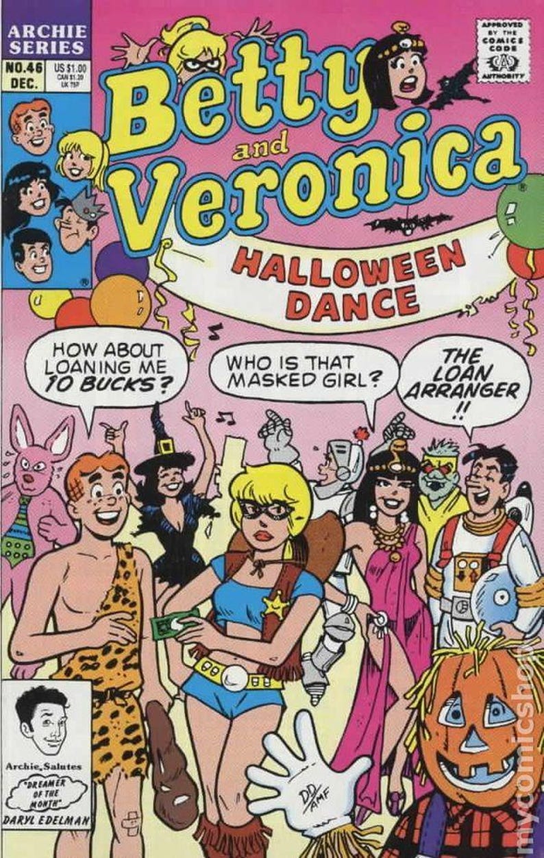 May include: Comic book cover for "Betty and Veronica Halloween Dance." The image features a pink background with the title in yellow and blue. Characters in costumes are shown, with speech bubbles. The comic is marked as Archie Series No. 46.