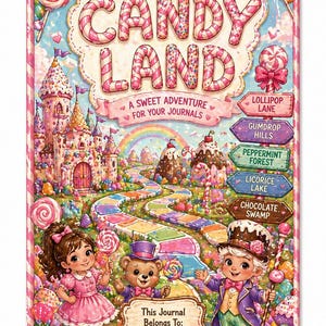 May include: A colorful "Candy Land" themed journal cover. The cover features a whimsical illustration of a candy-filled landscape with a castle, rainbow, and characters. Text includes "Candy Land" and "A Sweet Adventure for Your Journals."