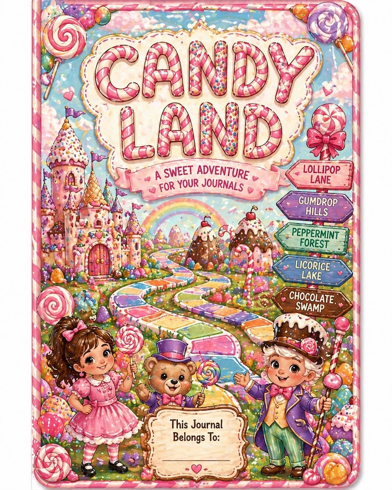 May include: A colorful "Candy Land" themed journal cover. The cover features a whimsical illustration of a candy-filled landscape with a castle, rainbow, and characters. Text includes "Candy Land" and "A Sweet Adventure for Your Journals."