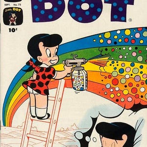 May include: Vintage "Little Dot" comic book cover. The title is in blue script with polka dots. A girl in a red polka dot dress sprays a rainbow from a jar. A sleeping boy is in the lower right corner.