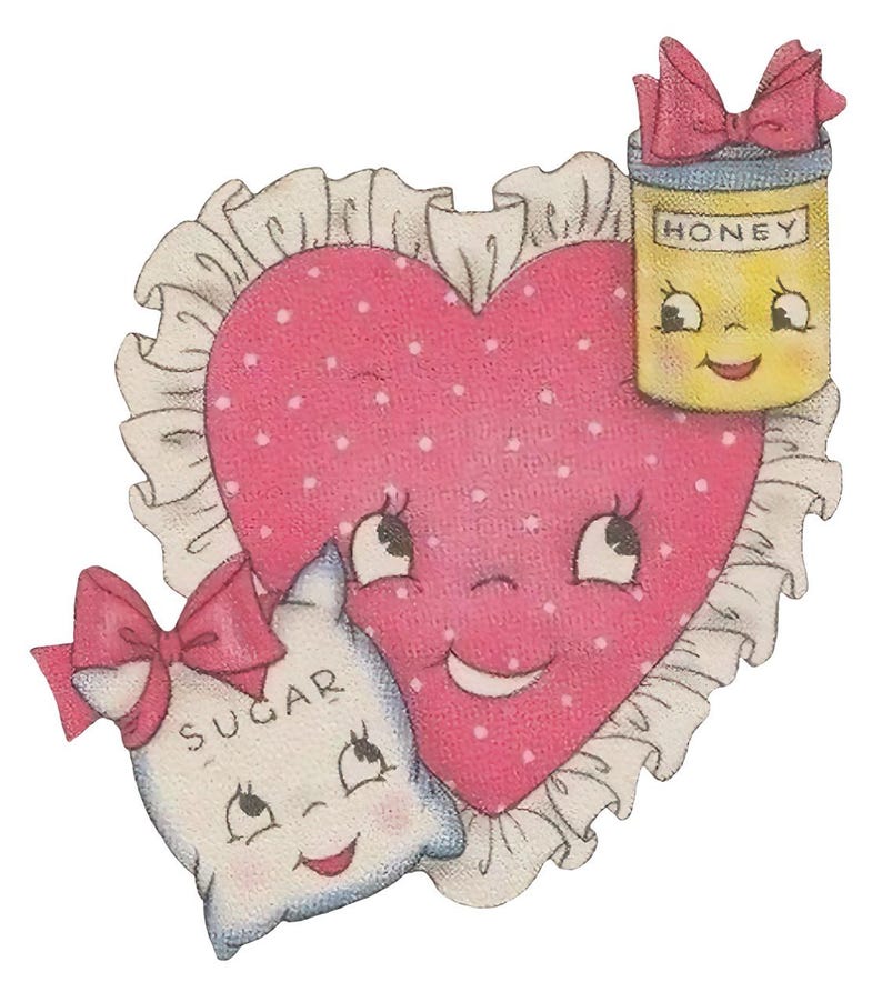 May include: A vintage illustration of a smiling pink heart with white polka dots, a frilled border, and a smiling jar of honey with a pink bow. A smiling sugar packet with a pink bow is also present.