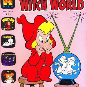 May include: A vintage comic book cover for "Wendy Witch World" featuring Wendy in a red outfit, sitting on a stool. The cover includes the text "The Good Little Witch" and "Harvey Comics". A blue orb with Casper and a horse is also featured.