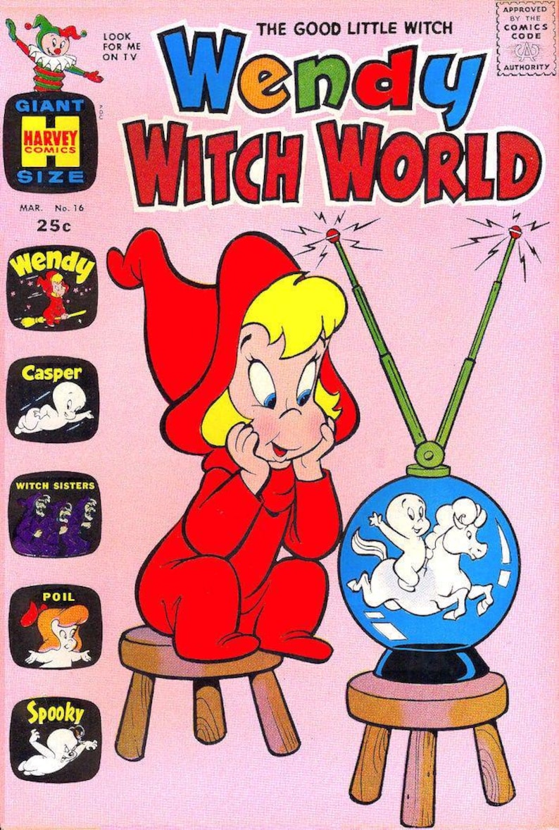 May include: A vintage comic book cover for "Wendy Witch World" featuring Wendy in a red outfit, sitting on a stool. The cover includes the text "The Good Little Witch" and "Harvey Comics". A blue orb with Casper and a horse is also featured.