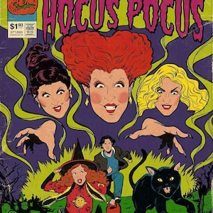 May include: A comic book-style illustration with the text "It's Just a Bunch of Hocus Pocus." The image features three witch faces, a running child, a boy, and a black cat. The color palette includes purple, green, and orange.