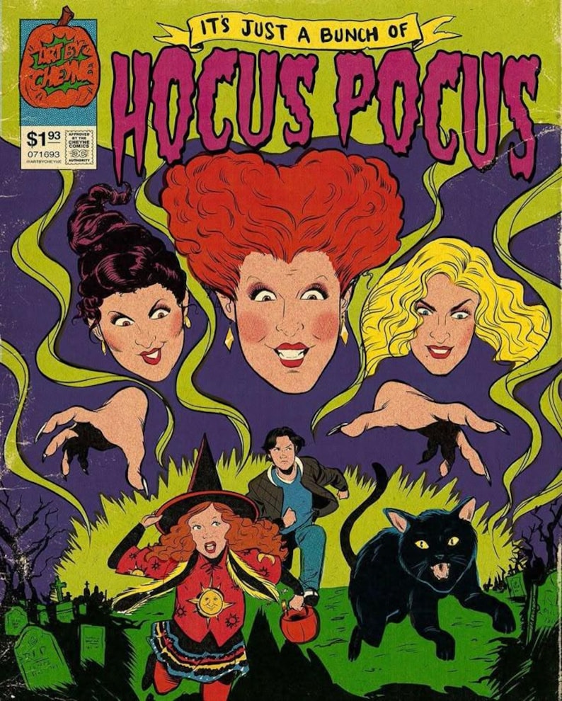 May include: A comic book-style illustration with the text "It's Just a Bunch of Hocus Pocus." The image features three witch faces, a running child, a boy, and a black cat. The color palette includes purple, green, and orange.