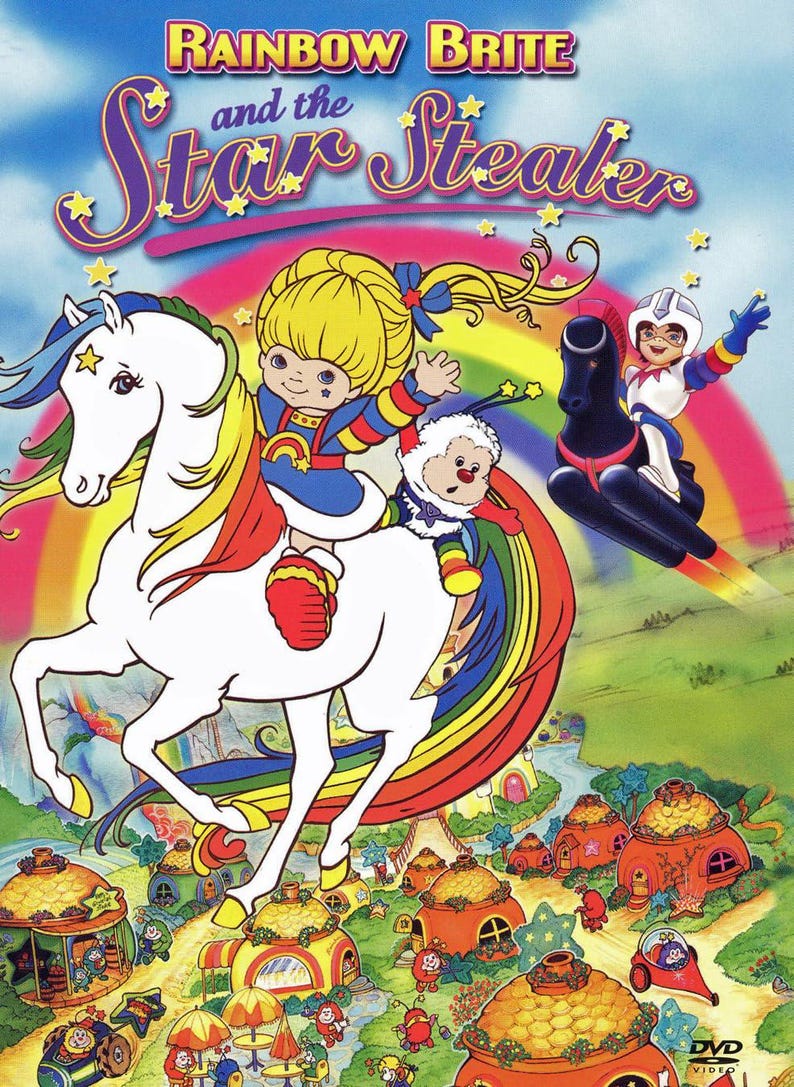 May include: DVD cover for "Rainbow Brite and the Star Stealer" features a cartoon scene with a blonde girl riding a white horse with a rainbow mane. A character in a helmet flies on a black vehicle. The title is in yellow and pink.