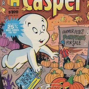 May include: A vintage Casper the Friendly Ghost comic book cover. The cover features Casper holding a "Trick or Treat" bag, with pumpkins and a sign for "Farmer Pete's Pumpkins for Sale." The comic is from Harvey Comics.