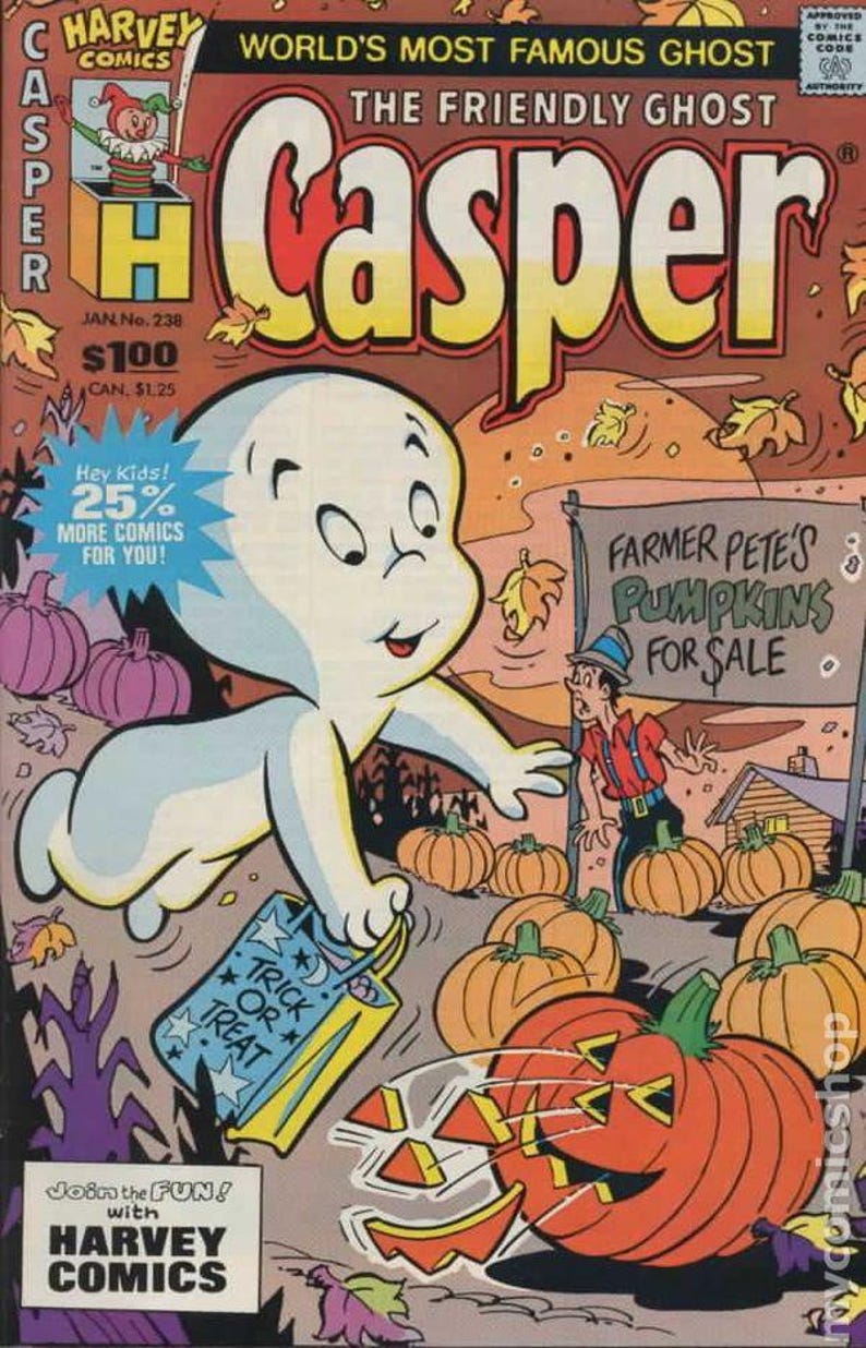 May include: A vintage Casper the Friendly Ghost comic book cover. The cover features Casper holding a "Trick or Treat" bag, with pumpkins and a sign for "Farmer Pete's Pumpkins for Sale." The comic is from Harvey Comics.