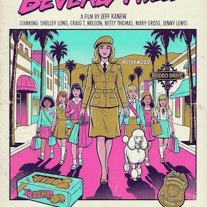 May include: A vintage-style poster for "Troop Beverly Hills" features a woman in a khaki uniform leading a group of girls down a pink street. The poster includes the text "Hollywood" and "Rodeo Drive."