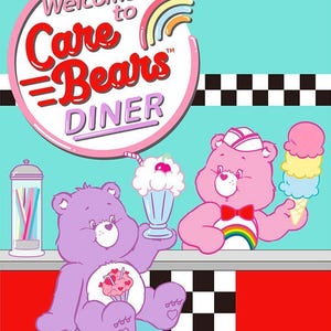 May include: A colorful illustration featuring the Care Bears Diner. A purple Care Bear holds a milkshake, while a pink Care Bear holds an ice cream cone. The diner sign reads "Welcome to Care Bears Diner."