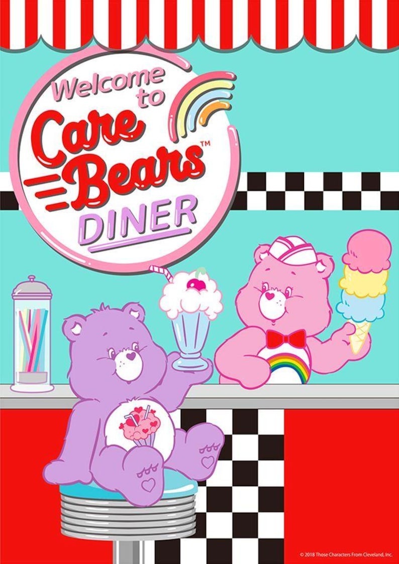 May include: A colorful illustration featuring the Care Bears Diner. A purple Care Bear holds a milkshake, while a pink Care Bear holds an ice cream cone. The diner sign reads "Welcome to Care Bears Diner."