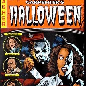 May include: Comic book cover for John Carpenter's Halloween. The orange and black cover features the title and a scene of a woman driving, with a masked figure in the back seat. Includes character portraits.