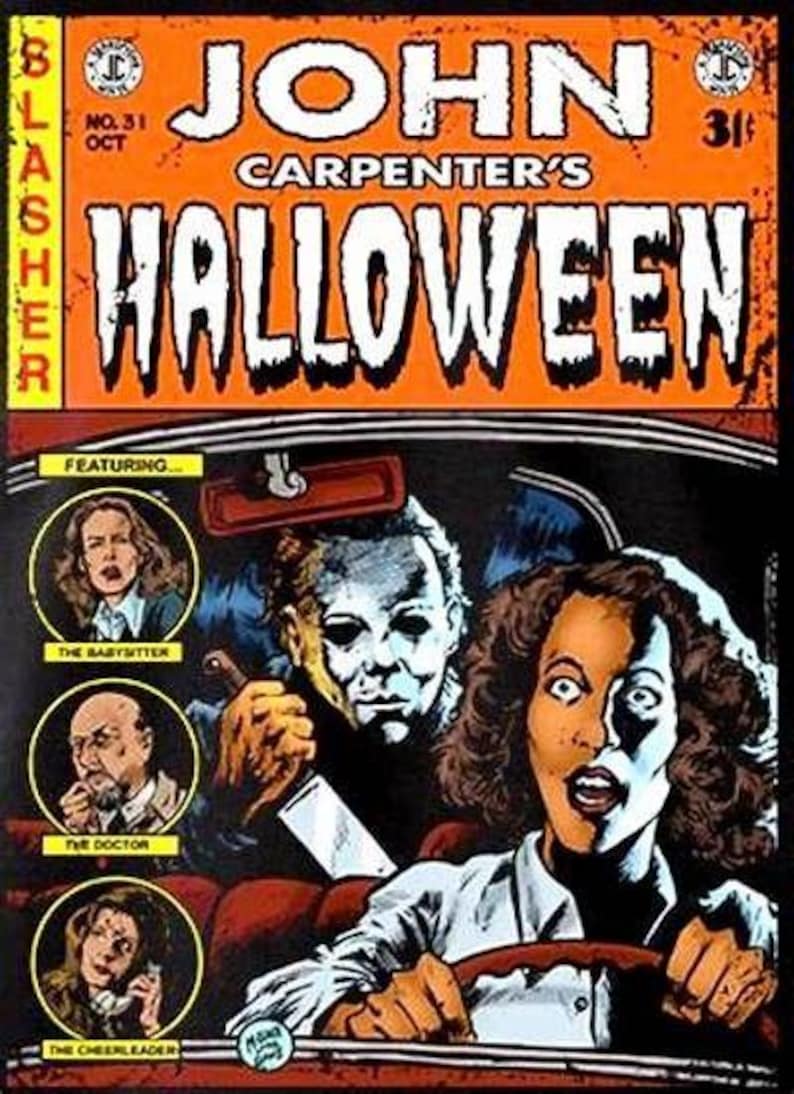 May include: Comic book cover for John Carpenter's Halloween. The orange and black cover features the title and a scene of a woman driving, with a masked figure in the back seat. Includes character portraits.