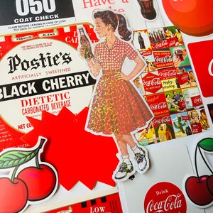May include: A collection of vintage-style stickers featuring a woman in a red checkered dress holding a soda bottle, red cherries, and various Coca-Cola advertisements with text including Postie's Black Cherry, Coat Check 050, and Drink Coca-Cola.