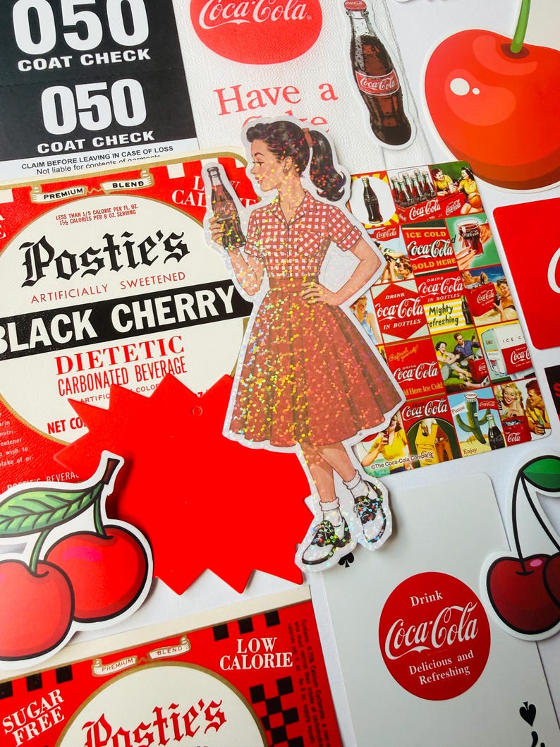 May include: A collection of vintage-style stickers featuring a woman in a red checkered dress holding a soda bottle, red cherries, and various Coca-Cola advertisements with text including Postie's Black Cherry, Coat Check 050, and Drink Coca-Cola.