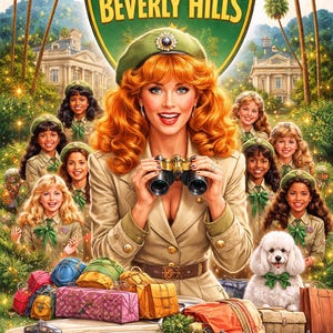 May include: A movie poster for "Troop Beverly Hills" featuring Shelley Long. The image shows a woman in a khaki uniform holding binoculars, surrounded by a group of girls in similar uniforms. A vintage car is loaded with luggage and a white poodle.