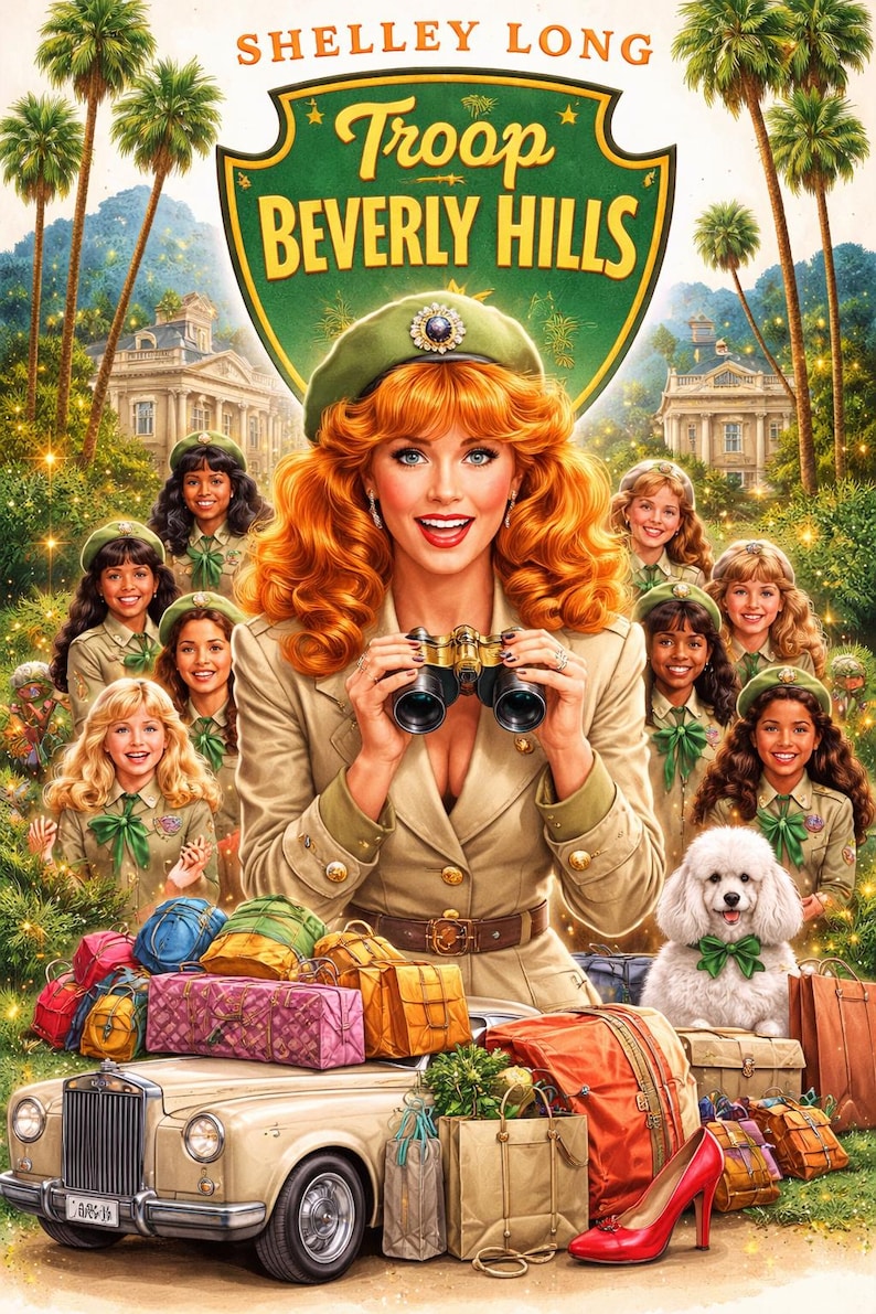 May include: A movie poster for "Troop Beverly Hills" featuring Shelley Long. The image shows a woman in a khaki uniform holding binoculars, surrounded by a group of girls in similar uniforms. A vintage car is loaded with luggage and a white poodle.