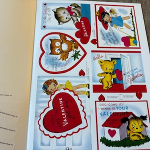 May include: A page of vintage Valentine's Day stickers featuring cartoon animals and children. The stickers include hearts, an owl, a cat, a bear, and a dog. The stickers have text such as "You are the Valentine for me" and "I wanna be your Valentine."