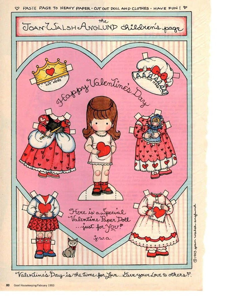 Może przedstawiać: Strona z papierową lalką na Walentynki w stylu vintage autorstwa Joan Walsh Anglund. Ilustracja przedstawia centralną lalkę trzymającą serce, otoczoną wyciętymi strojami i akcesoriami. Tekst zawiera "Happy Valentine's Day" i "Here is a Special Valentine Paper Doll...just for You!"