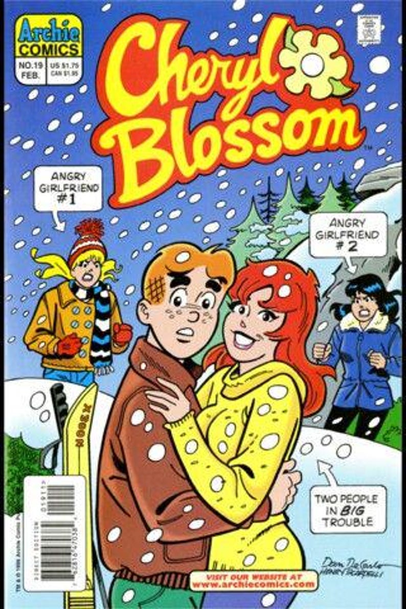 Może przedstawiać: Okładka komiksu "Cheryl Blossom" nr 19, przedstawiająca parę obejmującą się w zaśnieżonej scenerii. Tytuł jest w dużych ż&oacute;łtych literach z czerwonym obrysem. Okładka zawiera tekst "Angry Girlfriend" i "Two People in Big Trouble."