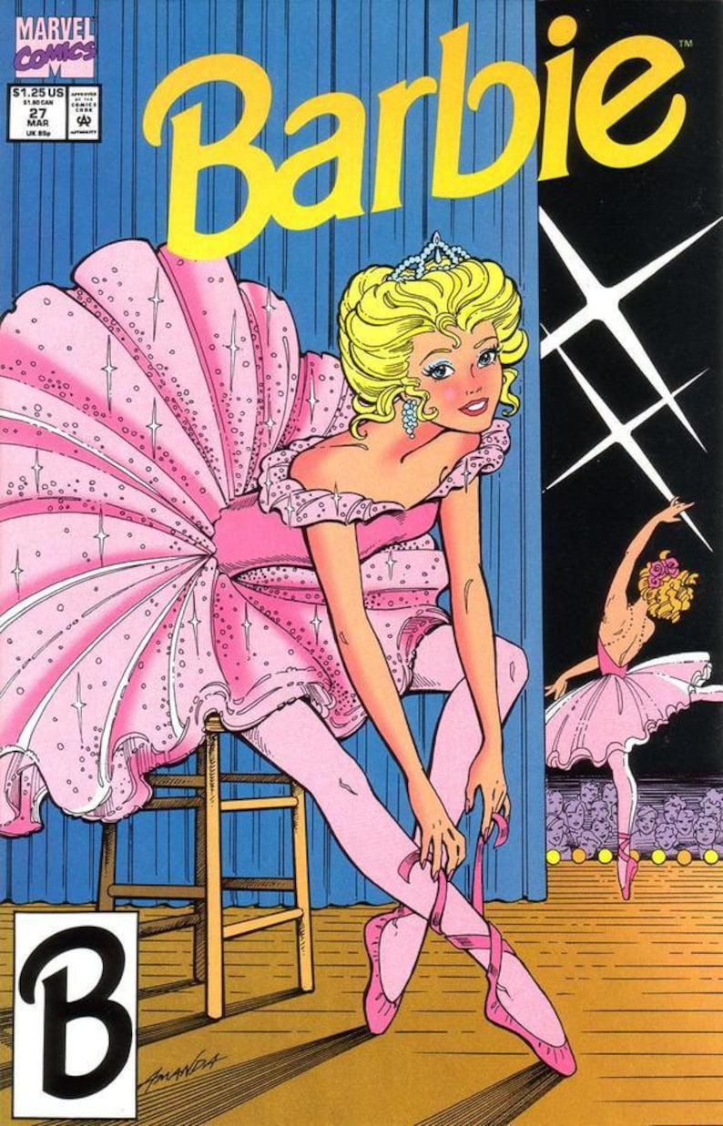 Może przedstawiać: Okładka komiksu z Barbie w r&oacute;żowym stroju baletowym, wiążącą swoje baletki. Tytuł "Barbie" jest w kolorze ż&oacute;łtym. Druga baletnica jest w tle. Logo Marvel Comics znajduje się w lewym g&oacute;rnym rogu.