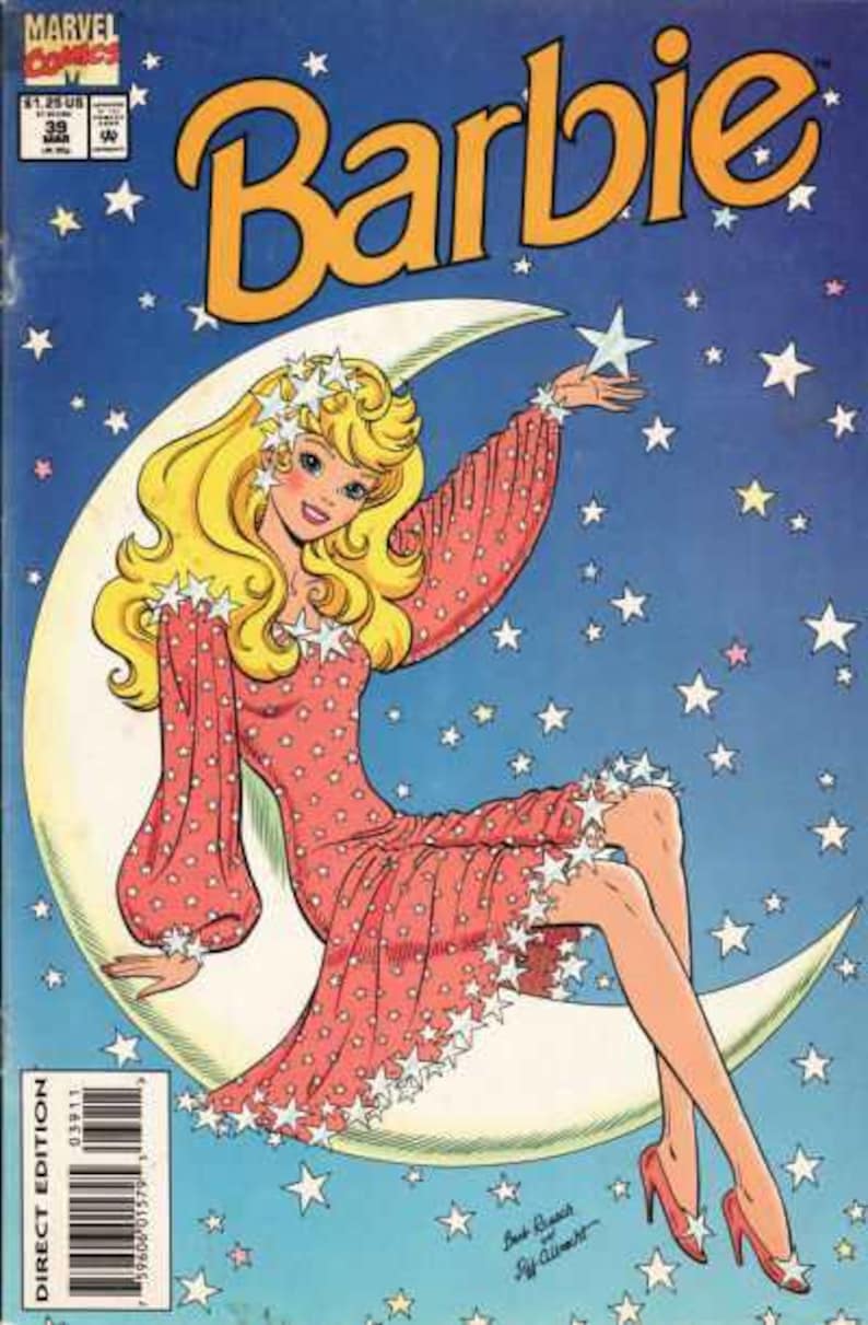 May include: Comic book cover featuring Barbie sitting on a crescent moon, surrounded by stars. Barbie wears a pink dress with white stars and matching heels. The title "Barbie" is in large yellow letters.
