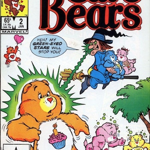 May include: A vintage Care Bears comic book cover. The title "Care Bears" is in large, bold, black letters with a red outline. The cover features several Care Bears, a witch on a broom, and the text "The Green-Eyed Monster".