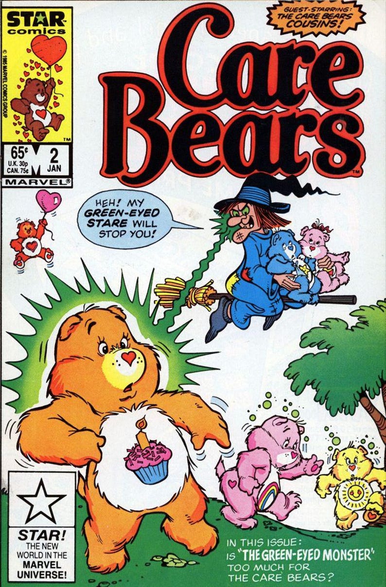 May include: A vintage Care Bears comic book cover. The title "Care Bears" is in large, bold, black letters with a red outline. The cover features several Care Bears, a witch on a broom, and the text "The Green-Eyed Monster".