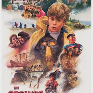May include: Movie poster for "The Goonies" featuring a young boy in a yellow coat, with various scenes and characters from the film. The title "The Goonies" is in red letters at the bottom, with the tagline "Take the Oath. Join the Adventure."