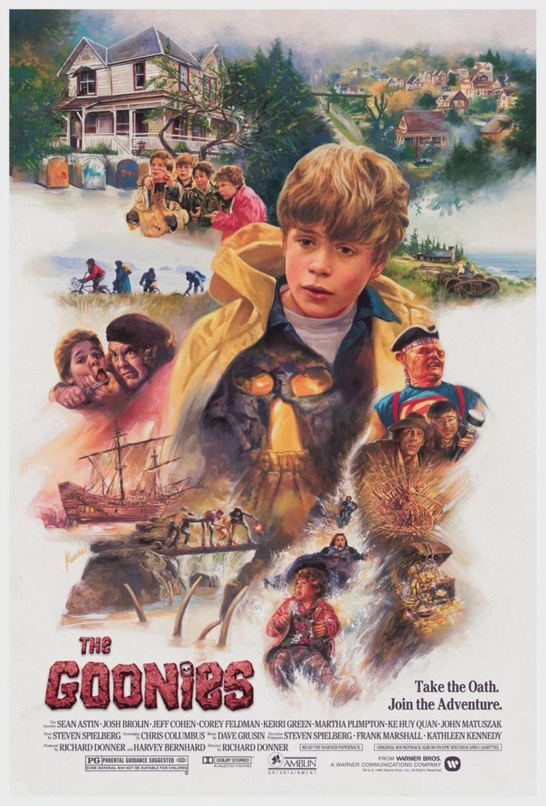 May include: Movie poster for "The Goonies" featuring a young boy in a yellow coat, with various scenes and characters from the film. The title "The Goonies" is in red letters at the bottom, with the tagline "Take the Oath. Join the Adventure."