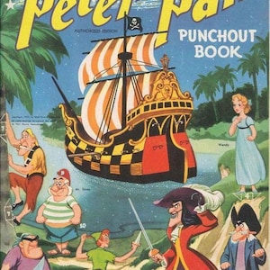 May include: Vintage "Peter Pan" punch-out book cover featuring a pirate ship with striped sails, and characters like Peter Pan, Captain Hook, and Wendy. The title is in yellow, with a red feather. The background is blue with palm trees.
