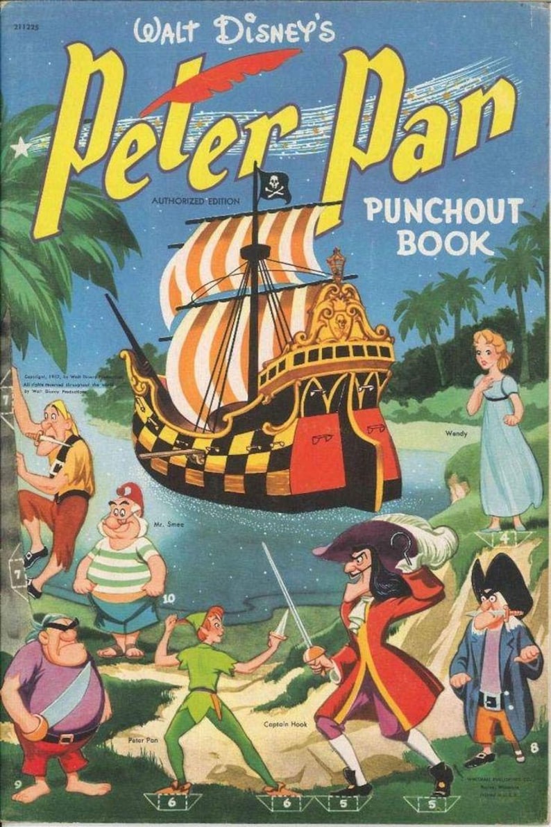 May include: Vintage "Peter Pan" punch-out book cover featuring a pirate ship with striped sails, and characters like Peter Pan, Captain Hook, and Wendy. The title is in yellow, with a red feather. The background is blue with palm trees.