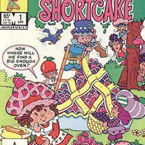 May include: A vintage comic book cover featuring Strawberry Shortcake and friends. The cover has a green background with the title "STRAWBERRY SHORTCAKE" in pink letters. Characters are depicted in colorful outfits, with strawberries and baked goods.
